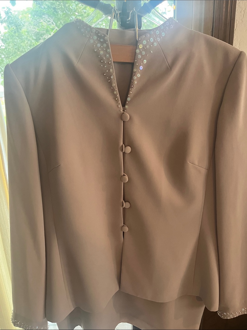 Adrianna Papell Taupe Button-Front Jacket with Sequin Trim and matching skirt